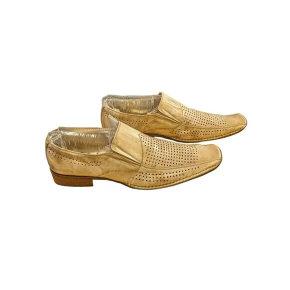 Mens Leather Shoes Size 12 Perforated Square Toe Dress Oxford Slip On Beige - Picture 2 of 10